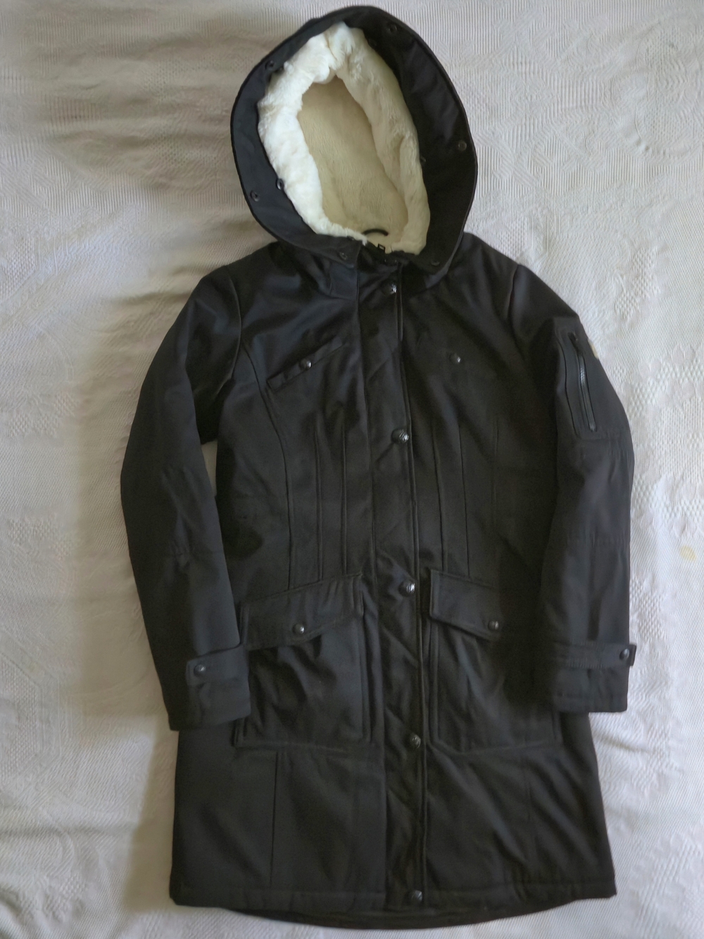 Centigrade Women's Black Faux Fur Jacket Parka Coat Cream Sherpa Hood Size XXS